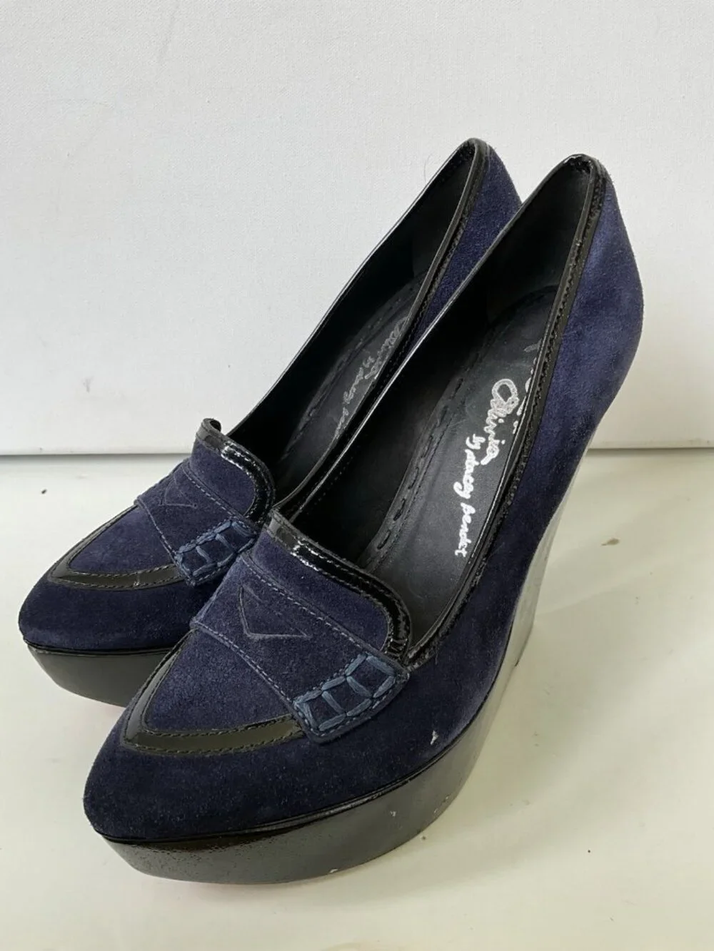 Alice + Olivia Navy Suede Penny Loafer Wedge Pumps Platform Heels EU 38 US7.5